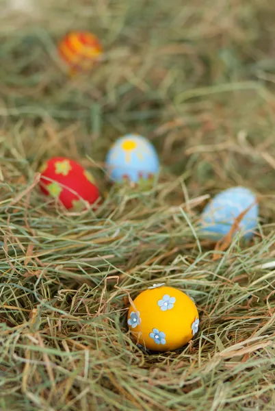 Huevos de Pascua coloridos pintados en heno —  Fotos de Stock