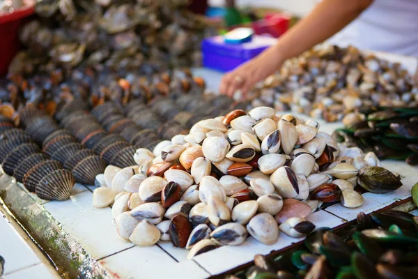 Morze małże na rynku tradycyjnym owoce morza na wyspie boracay w phi — Zdjęcie stockowe