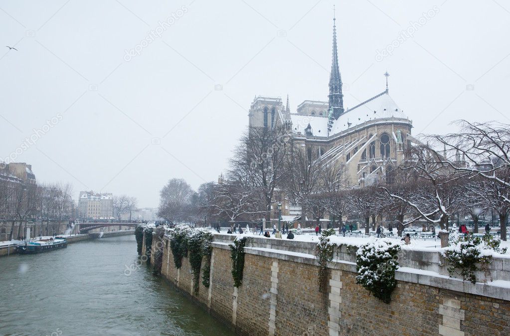 View of the Notre-Dame de Paris on a winter day with lots of sno