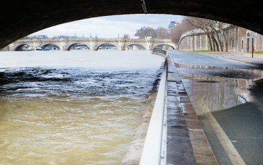 Paris Köprüsünün altında kendi bankalar Seine tamamen