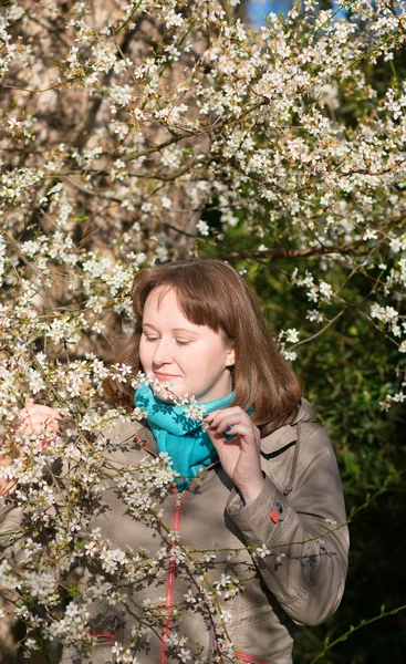 Girl with blooming cherry tree — Stock Photo, Image