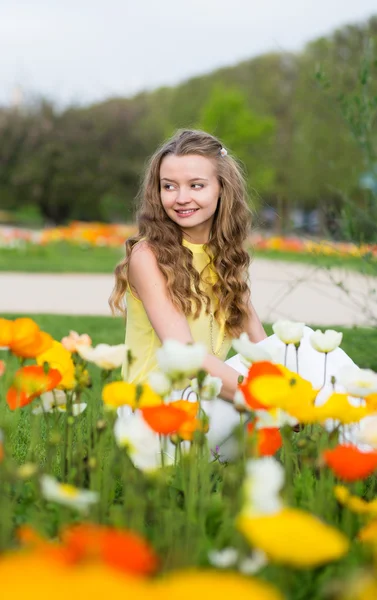 Girl with beautiful colorful poppies — Stock Photo, Image