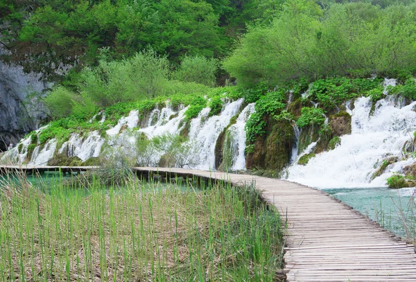 Kaskád a turistická cesta v parku Plitvická jezera — Stock fotografie