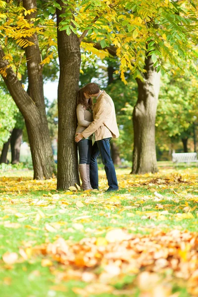 Par kyssar i parken på en höst dag — Stockfoto