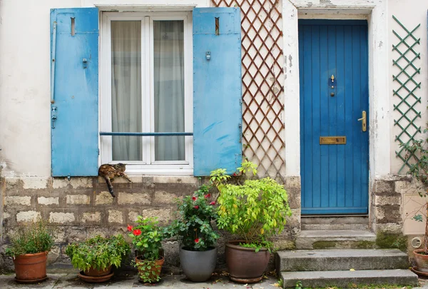 Bir evin bir pencere pervazına üzerinde uyuyan kedi — Stok fotoğraf