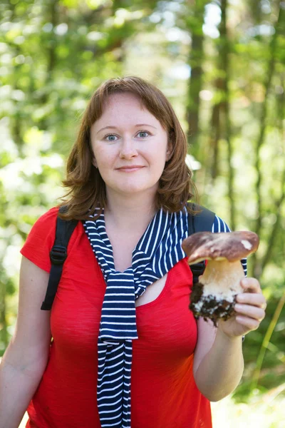 Happy girl with mushroom in the forest — Stock Photo, Image