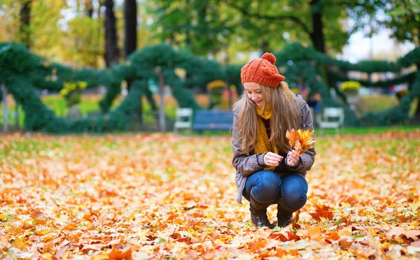 Flicka samla höstlöv i park — Stockfoto