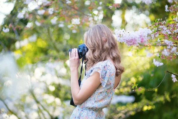 Zahrada krásná žena v kvetoucí třešeň — Stock fotografie