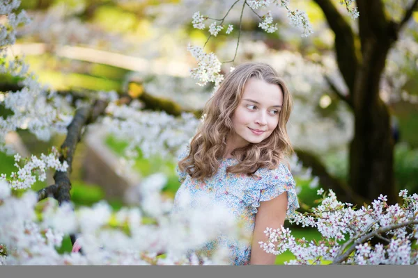 Mujer joven en floreciente jardín de cerezos —  Fotos de Stock