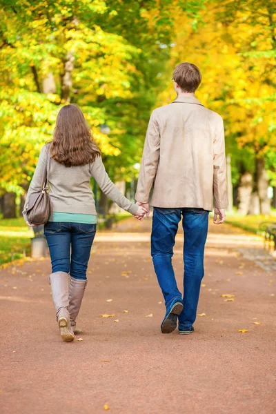 Gyaloglás együtt a parkban, egy őszi napon pár — Stock Fotó