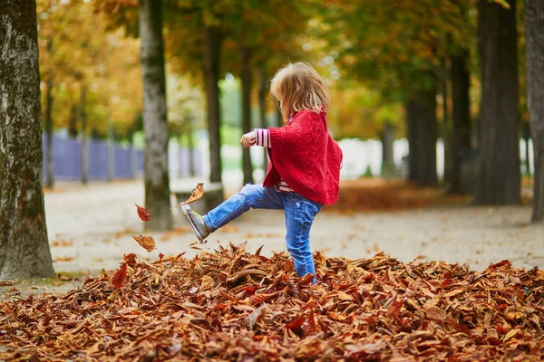 Menina Pré Escolar Adorável Andando Chutando Folhas Caídas Jardim Tuileries — Fotografia de Stock