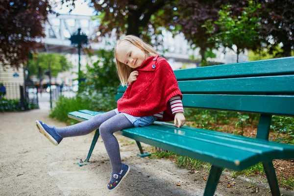 Happy Cheerful Toddler Girl Sitting Bench Street Paris France — Stock Photo, Image