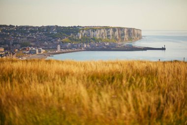 Mers-les-Bains yakınlarındaki uçurumlarda yürüyüş yolu, Normandiya, Fransa