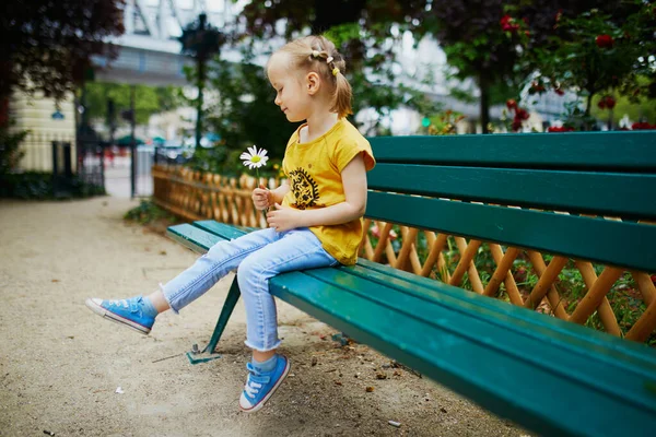 Happy Cheerful Toddler Girl Sitting Bench Street Paris France — Stock Photo, Image
