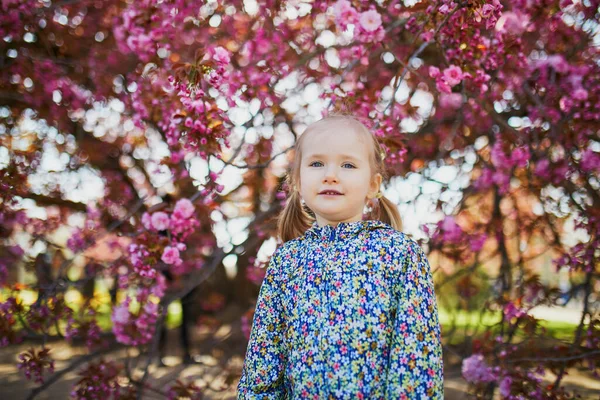 フランスの近くのスコー公園で晴れた春の日を楽しんで愛らしい3歳の少女 ピンクの桜の下で楽しむ美しい子供 — ストック写真