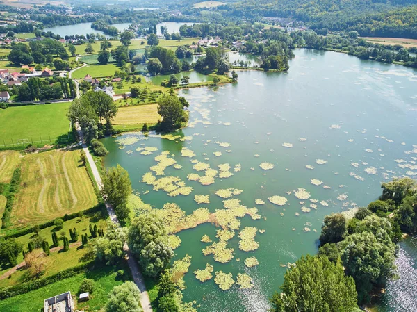 Aerial Drone View Lake Normandy France Beautiful French Countryside Green — Stock Photo, Image