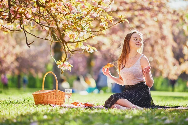 Beautiful Young Woman Having Picnic Sunny Spring Day Park Cherry — Stock Photo, Image