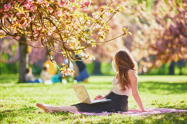 Güzel genç kız kiraz çiçeği mevsiminde parkta dizüstü bilgisayarıyla çalışıyor. Paris, Fransa yakınlarındaki ünlü Sceaux Parkı 'nda genç bir kadın. Serbest çalışma, uzaklık öğrenme veya uzaktan çalışma kavramı