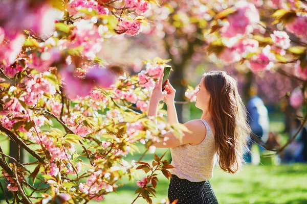 春の日に桜の庭で美しい女の子 写真を撮るか ビデオブログを記録 フランス パリ近郊の有名なスコー公園の若い女性 — ストック写真
