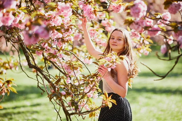 Piękna Młoda Kobieta Słoneczny Wiosenny Dzień Parku Okresie Kwitnienia Wiśni — Zdjęcie stockowe