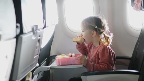 飛行機で旅行中に弁当からお菓子を食べる4歳の少女 飛行中の子供たちのための健康食品 — ストック動画