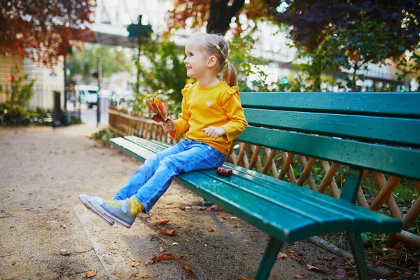 Adorable Three Years Old Girl Sitting Bench Street Paris France — Stock Photo, Image