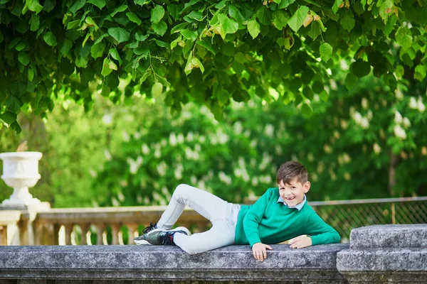 8歳の少年は フランスのパリのチュイルリー庭園で栗を咲かせます 楽しいアウトドアをしている幸せな子供 — ストック写真