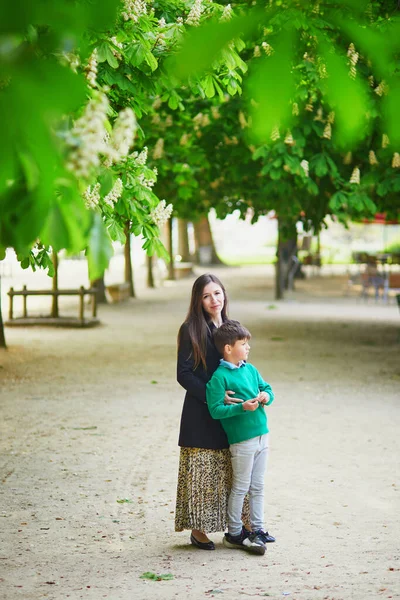 フランスへの旅行を楽しんでいる2人の幸せな家族 パリのチュイルリー庭園にある母と息子 — ストック写真