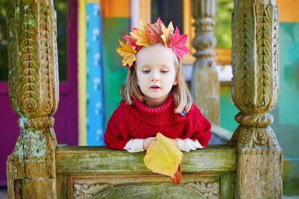 Belo Outono Retrato Adorável Menina Pré Escolar Colorido Bordo Folhas — Fotografia de Stock