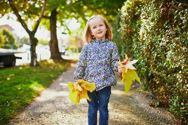 Schattig Kleuter Meisje Genieten Van Mooie Zonnige Herfstdag Buiten Gelukkige — Stockfoto