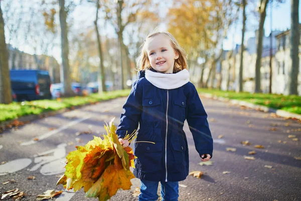 Schattig Kleuter Meisje Genieten Van Mooie Zonnige Herfstdag Buiten Gelukkig — Stockfoto