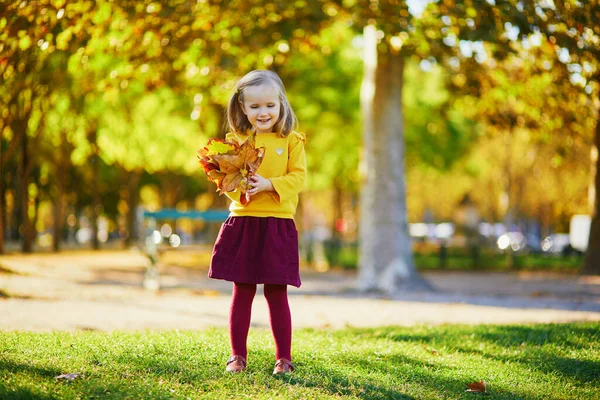 Schattig Kleuter Meisje Genieten Van Mooie Zonnige Herfstdag Buiten Gelukkig — Stockfoto