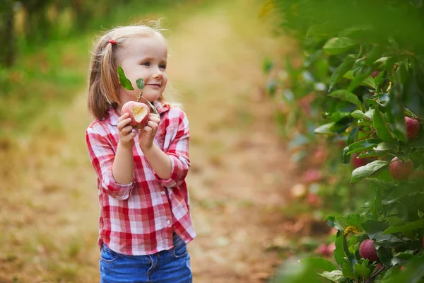 Egy Óvodás Lány Piros Fehér Ingben Kezében Egy Almával Aminek — Stock Fotó