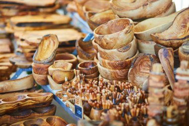 Various kinds of olive tree dishes on farmer market in Cucuron, Provence, France