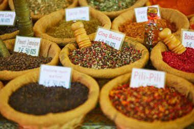 Different kinds of spices and dry herbs on a farmer market in Cucuron, Provence, France