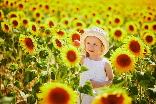 Adorable Year Old Girl White Dress Straw Hat Field Sunflowers — Stock fotografie