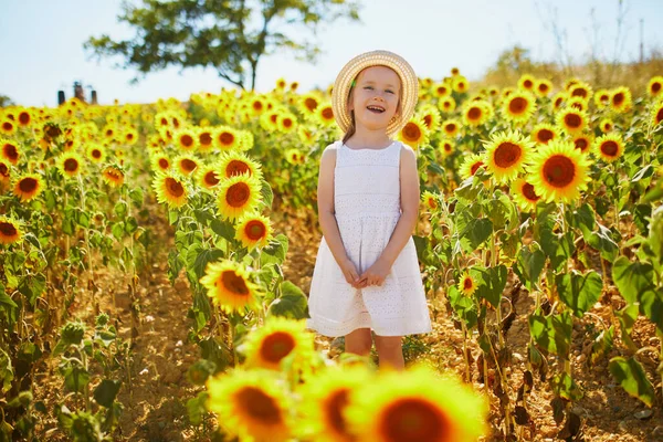 Adorable Year Old Girl White Dress Straw Hat Field Sunflowers — Foto Stock