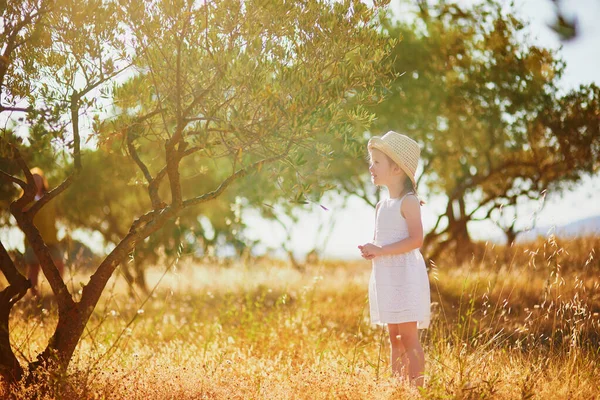 Adorable Year Old Girl White Dress Straw Hat Olive Tree — Stock Photo, Image