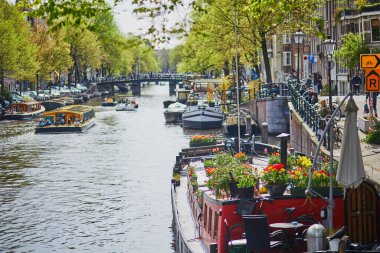 Scenic view of Amsterdam, the Netherlands with its canals, embankments and bridges