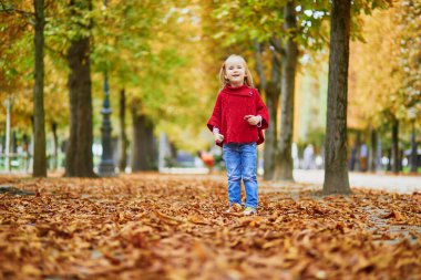 Paris 'te bir sonbahar günü Tuileries bahçesinde yürüyen sevimli anaokulu kızı. Mutlu çocuk sonbahar gününün tadını çıkarıyor. Fransa 'da sonbahar sezonu. Çocuklar için açık hava sonbahar aktiviteleri