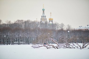 Aziz Petersburg, Rusya 'da kar yağışlı bir kış günü Mars' ın Field of Mars 'ından görülen Kan Kilisesi' nin Kurtarıcısının manzarası