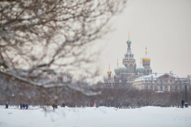 Aziz Petersburg, Rusya 'da kar yağışlı bir kış günü Mars' ın Field of Mars 'ından görülen Kan Kilisesi' nin Kurtarıcısının manzarası