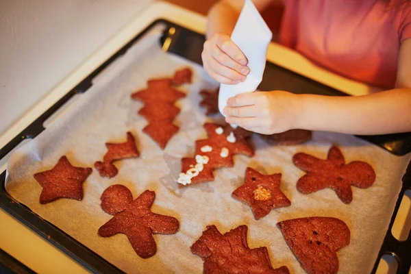 Adorable Preschooler Girl Cooking Christmas Cookies Celebrating Seasonal Holidays Kids — Stock Photo, Image