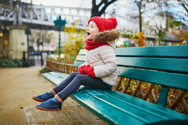 Happy Cheerful Preschooler Girl Sitting Bench Street Paris France — Stock Photo, Image