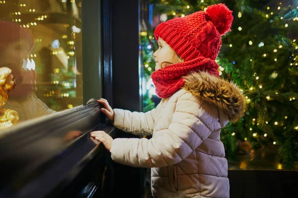 クリスマスのために飾られた大型デパートの窓ガラスを見ている未就学児の女の子 フランスのホリデーシーズンを楽しむ子供 — ストック写真