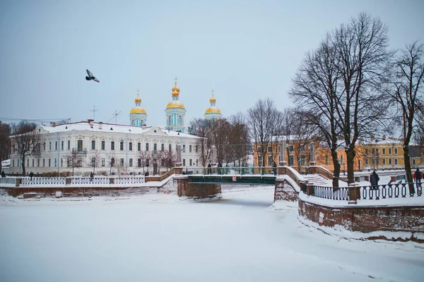 St. Nicholas Donanma Katedrali 'nin manzarası. Rusya' nın Saint Petersburg şehrinde soğuk bir kış günü.