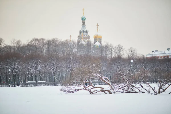 러시아 상트페테르부르크의 눈내리는 겨울날 마르스 필드에서 바라본 스탬프 교회의 — 스톡 사진
