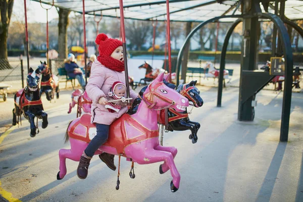 Adorable Preschooler Girl Riding Horse Merry Christmas Market Paris Happy — Stock Photo, Image