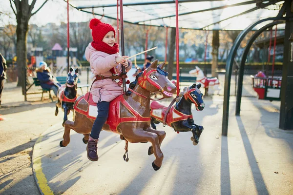 Adorable Preschooler Girl Riding Horse Merry Christmas Market Paris Happy — Stock Photo, Image