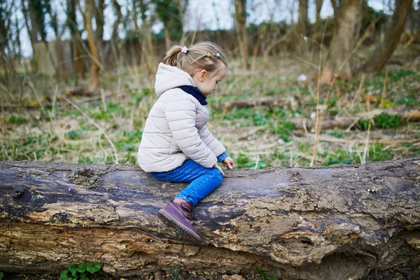Bedårande Förskoleflicka Sitter Stocken Och Har Roligt Vårskogen Eller Parken — Stockfoto